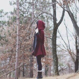 Free People Red Gray Oversized Winter Hooded Swing Tweed Coat Jacket
